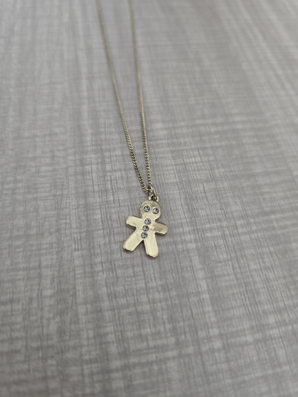 Gold Tone Gingerbread Man Rhinestone Pendant Necklace Holiday